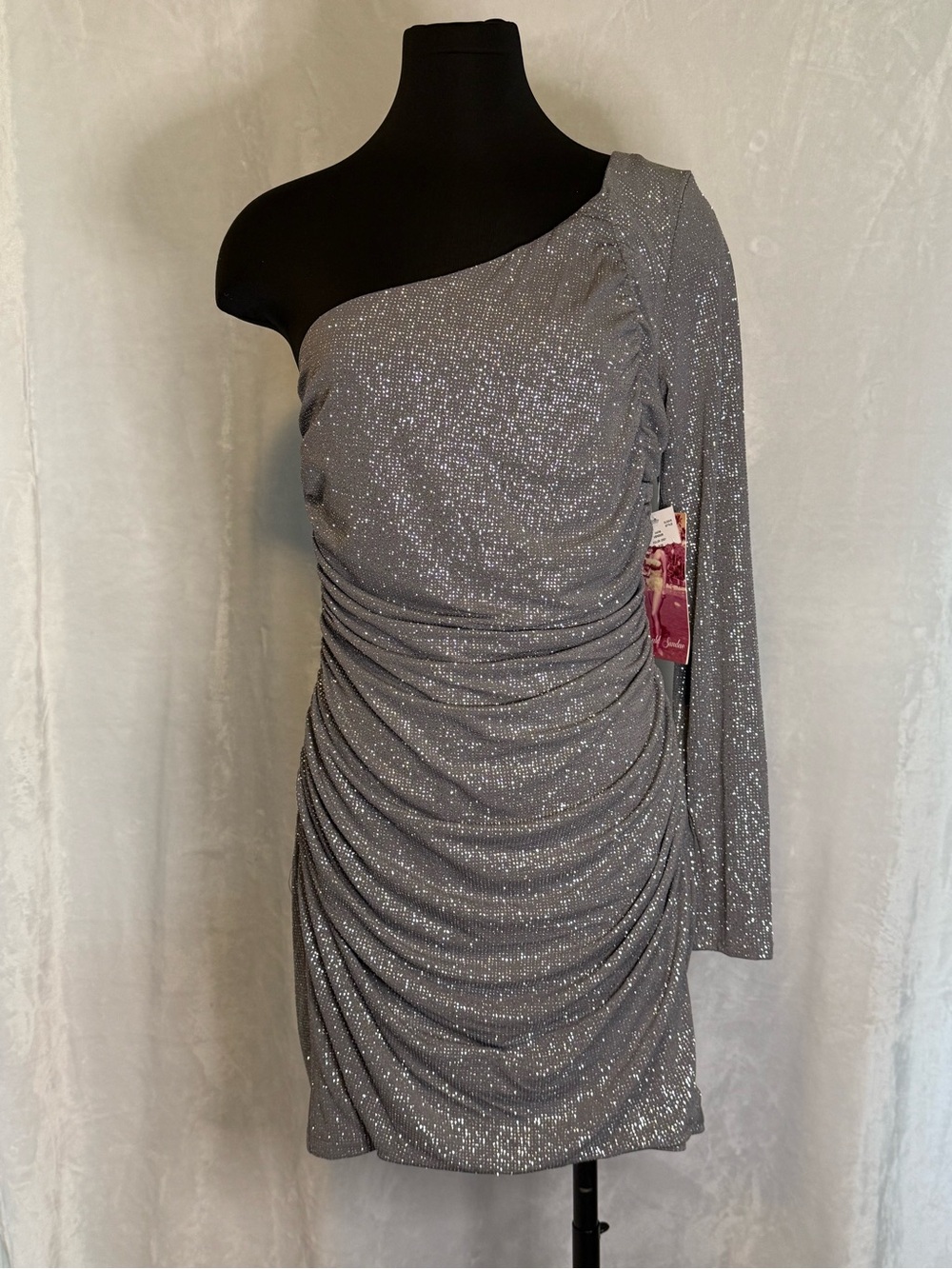 One-Shoulder Silver Ruched Dress XL